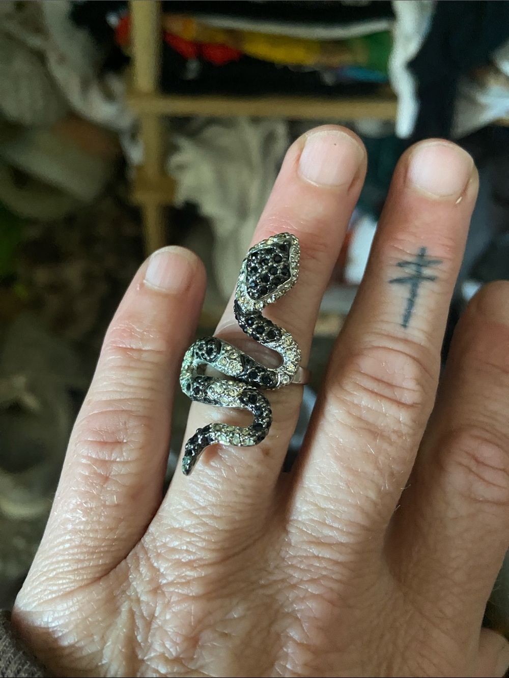 Snake-Shaped Crystal Accent Reptile Ring - Black & Silver